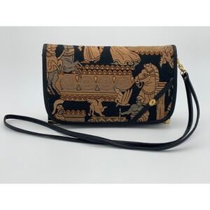 Vintage Tapestry Crossbody Greek Roman Chariot Motif Triple Compartment Black